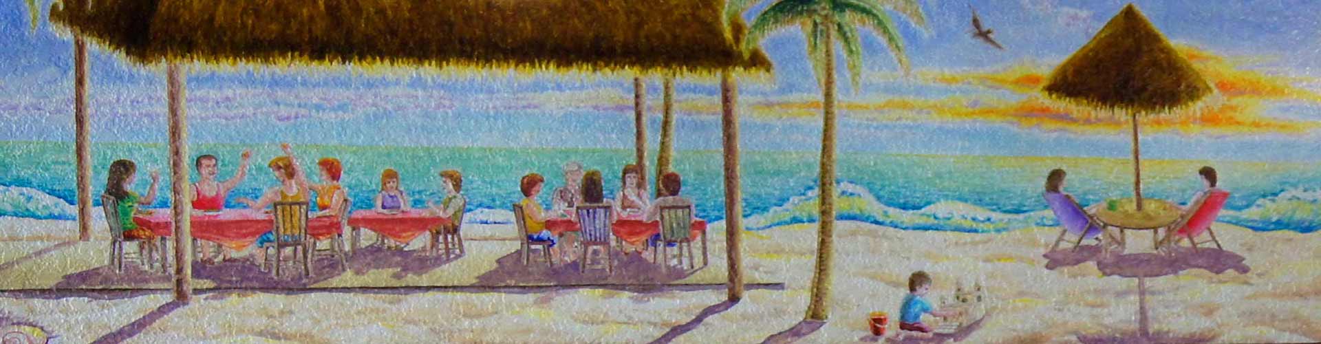 A painting of people sitting at a table on the beach.