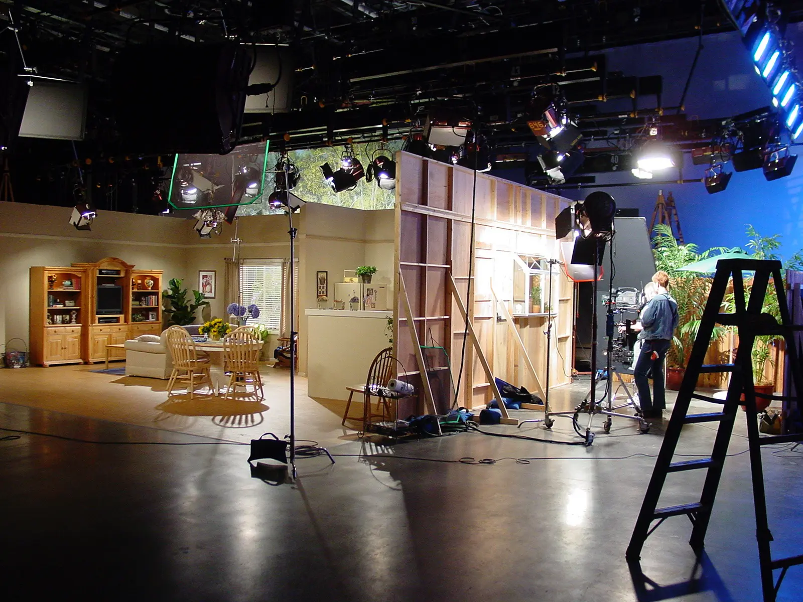 A studio with a kitchen and living room.